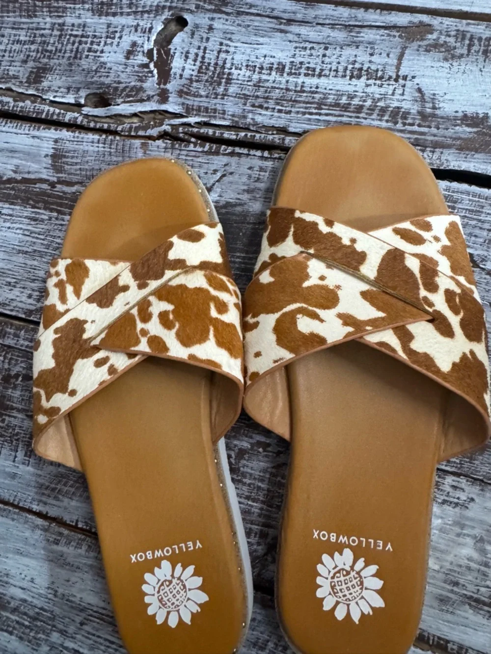 Yellow Box Tan & Cream Cow Print Crossband Slide Sandals - Picture 6 of 6